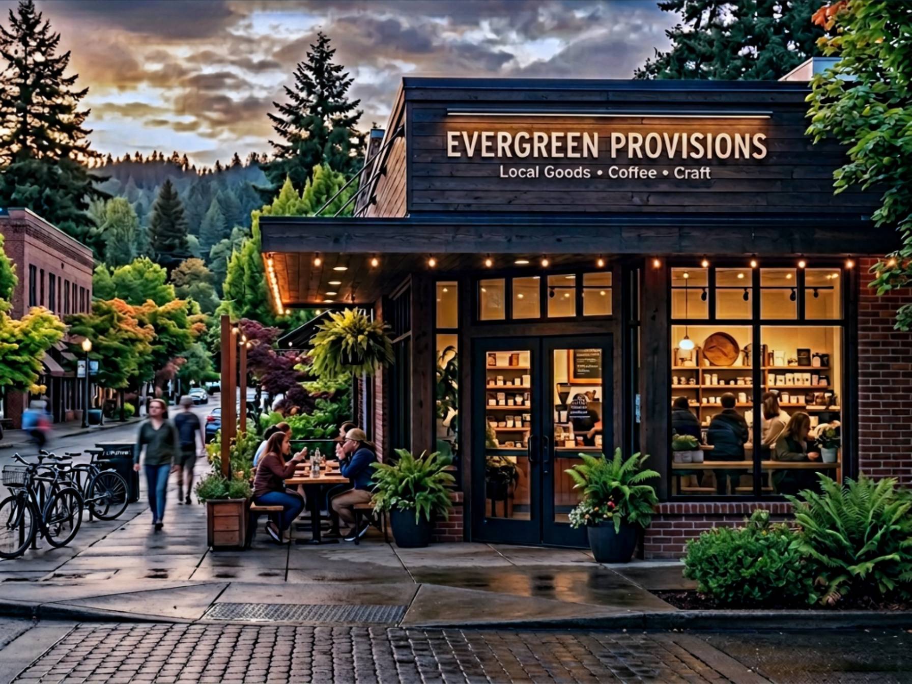 Pacific Northwest small business storefront at golden hour