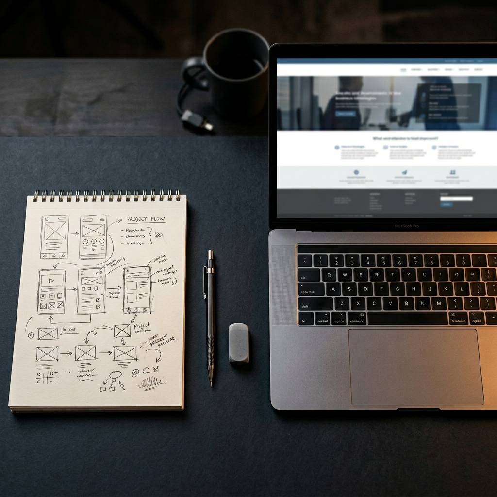 Website wireframe sketch next to a MacBook showing a live website