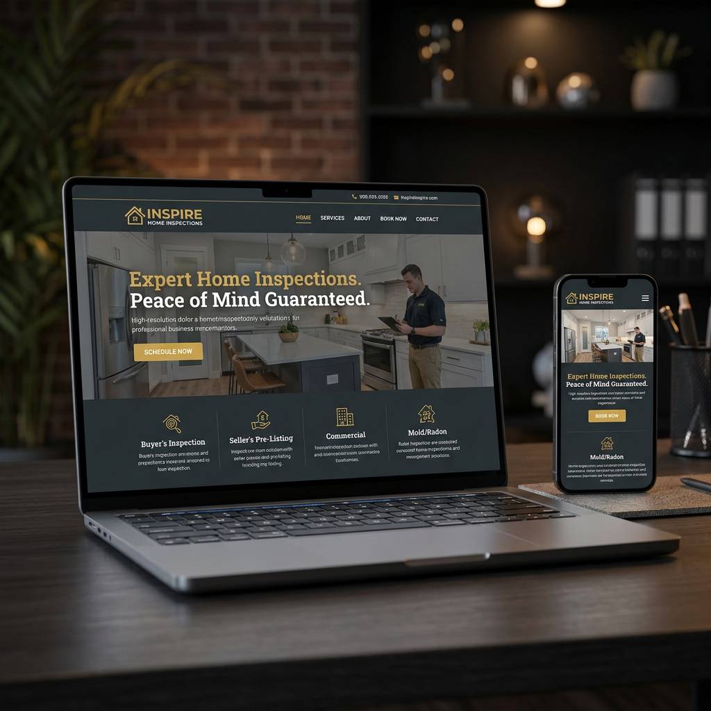 Professional home inspection website displayed on laptop and mobile phone